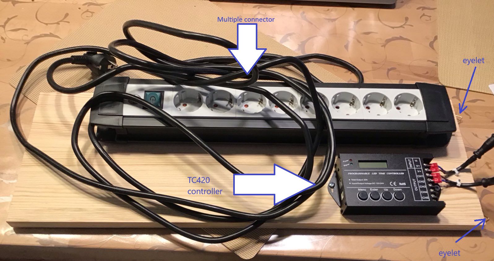 The wooden board with everything mounted onto it.