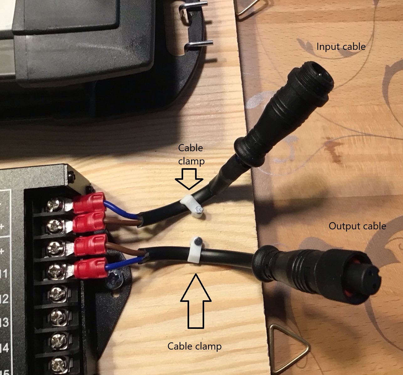 A closeup of the cables attached to the TC420 controller.