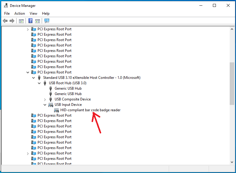 Device manager sorted by connection showing the TC420 as an HID